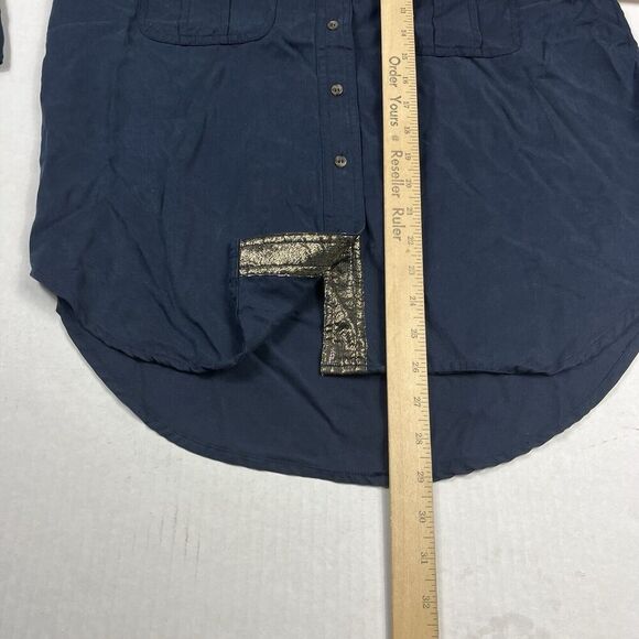 Free People Off Campus Shirt Blue Gold Shimmer Utility Loose Fit Tunic Top SMALL - Picture 6 of 10